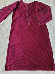 Burgundy Batik Flair: Embroidered Suit with Vibrant Dupatta
