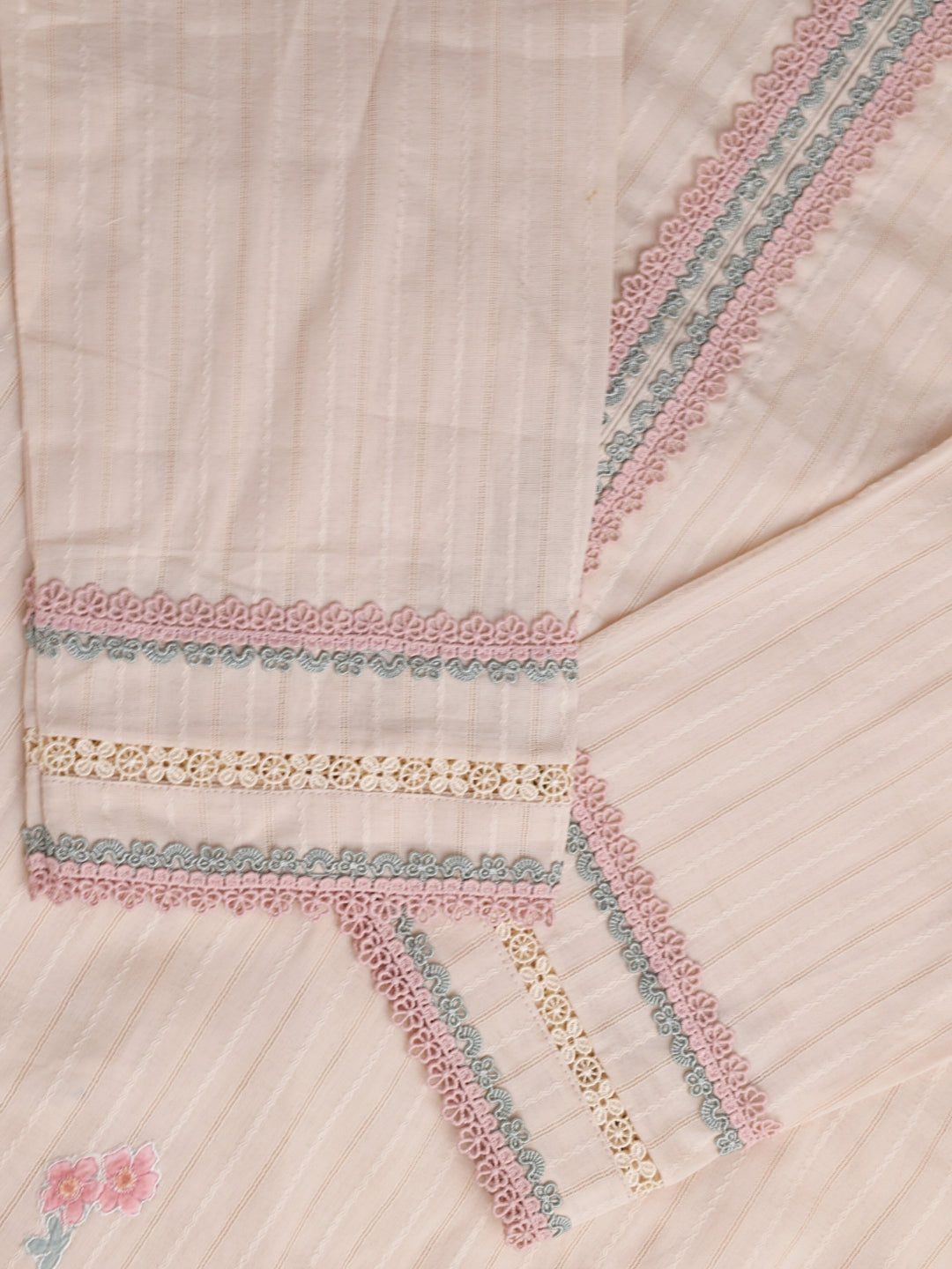 Embroidered Doria Lawn Kurta - Light Beige Stripe with Floral Hem