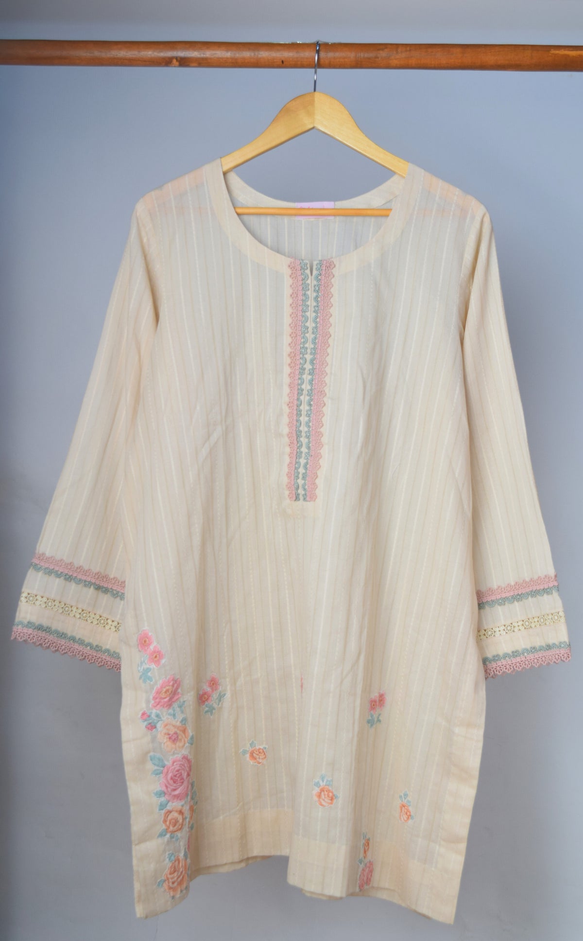 Embroidered Doria Lawn Kurta - Light Beige Stripe with Floral Hem