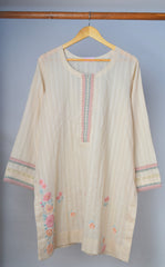 Embroidered Doria Lawn Kurta - Light Beige Stripe with Floral Hem
