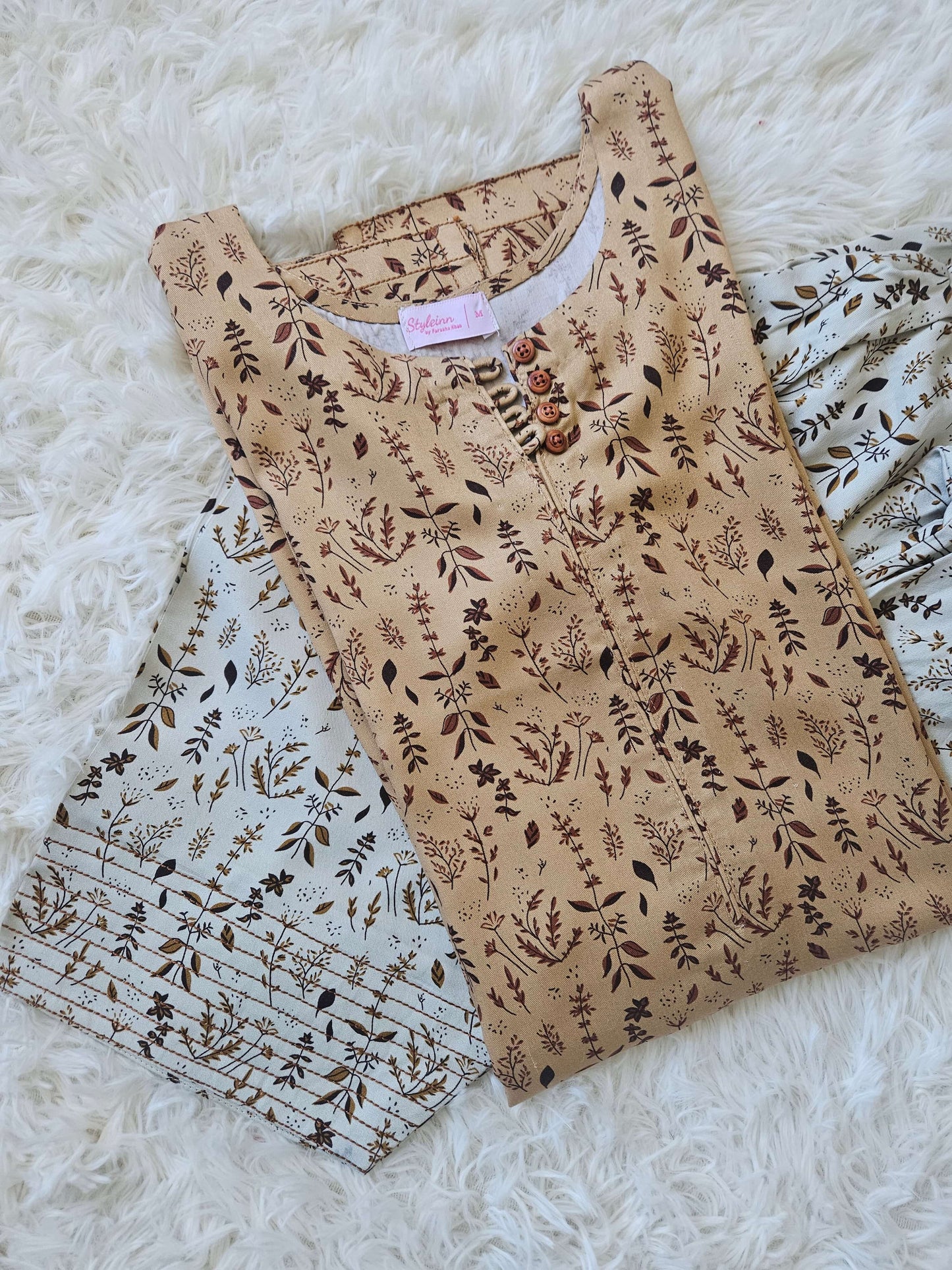 2 Piece Printed Marina Beige Botanical Print Kurta with Coordinated Shalwar