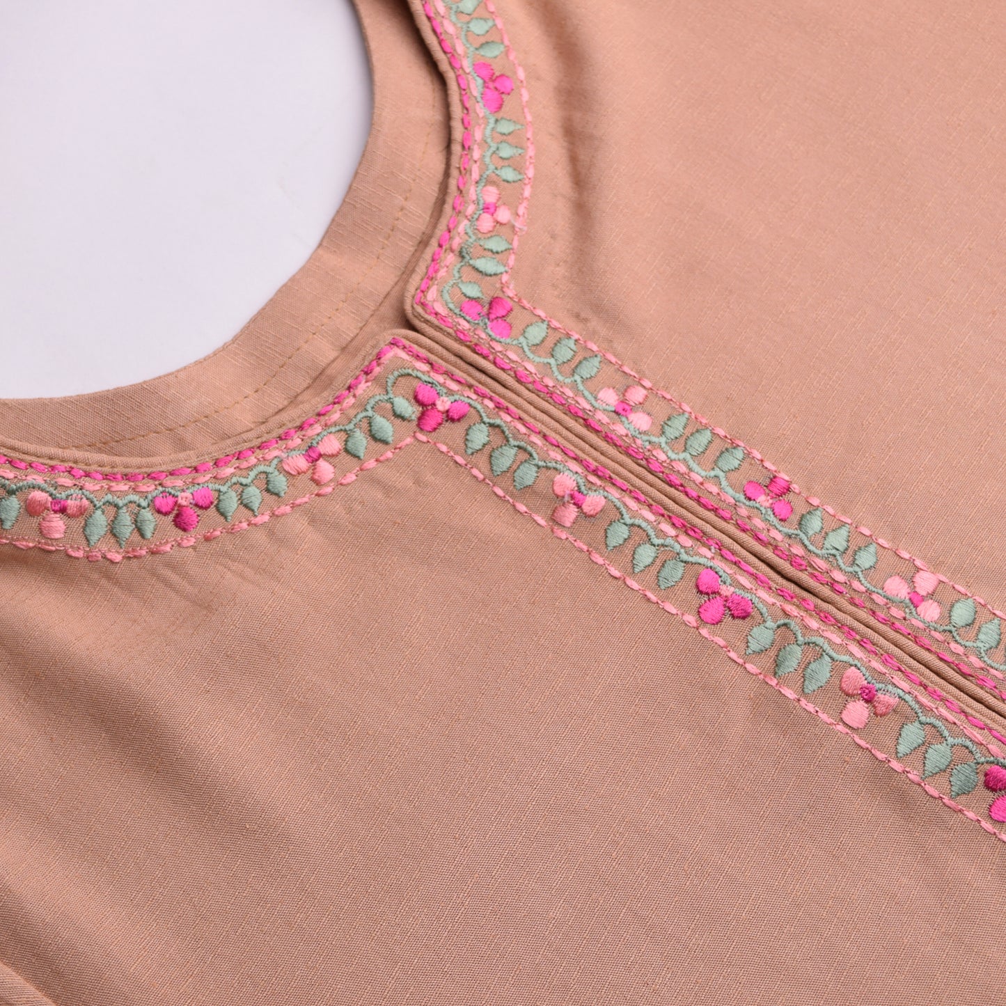 Solid Beige Embroidered Marina Kurta with Pink Floral Detail
