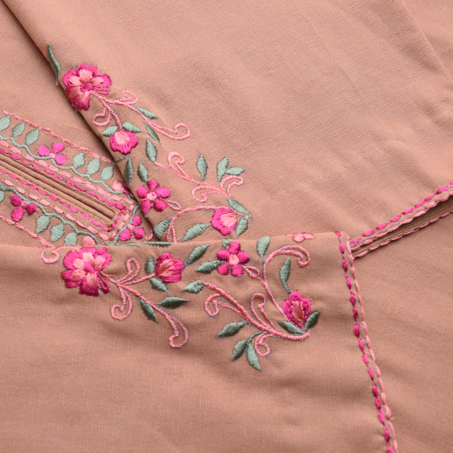 Solid Beige Embroidered Marina Kurta with Pink Floral Detail