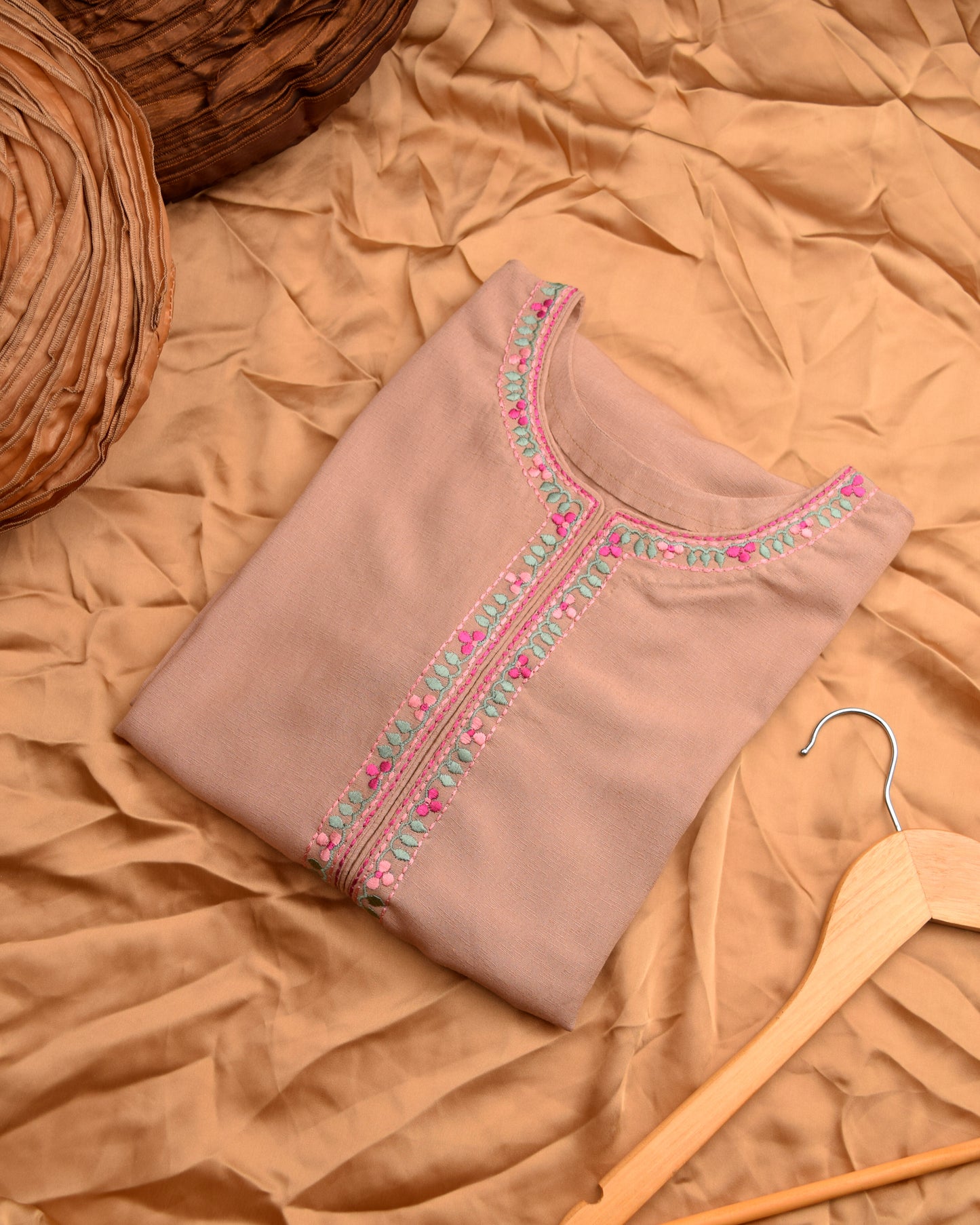 Solid Beige Embroidered Marina Kurta with Pink Floral Detail