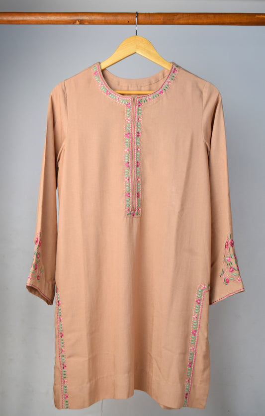 Solid Beige Embroidered Marina Kurta with Pink Floral Detail