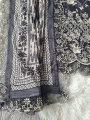 Bin Saeed Noir Elegance: Printed Lawn Suit with Scalloped Details