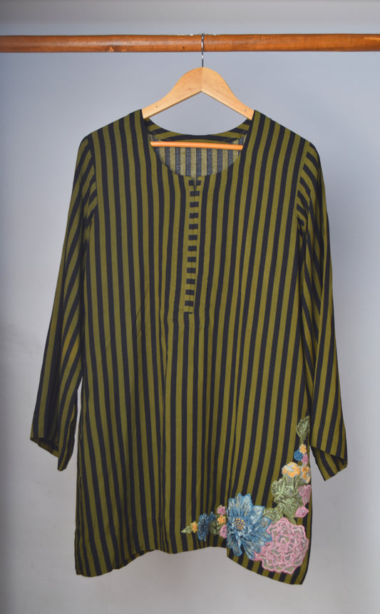 Embroidered Linen Kurta - Olive Green & Black Stripe