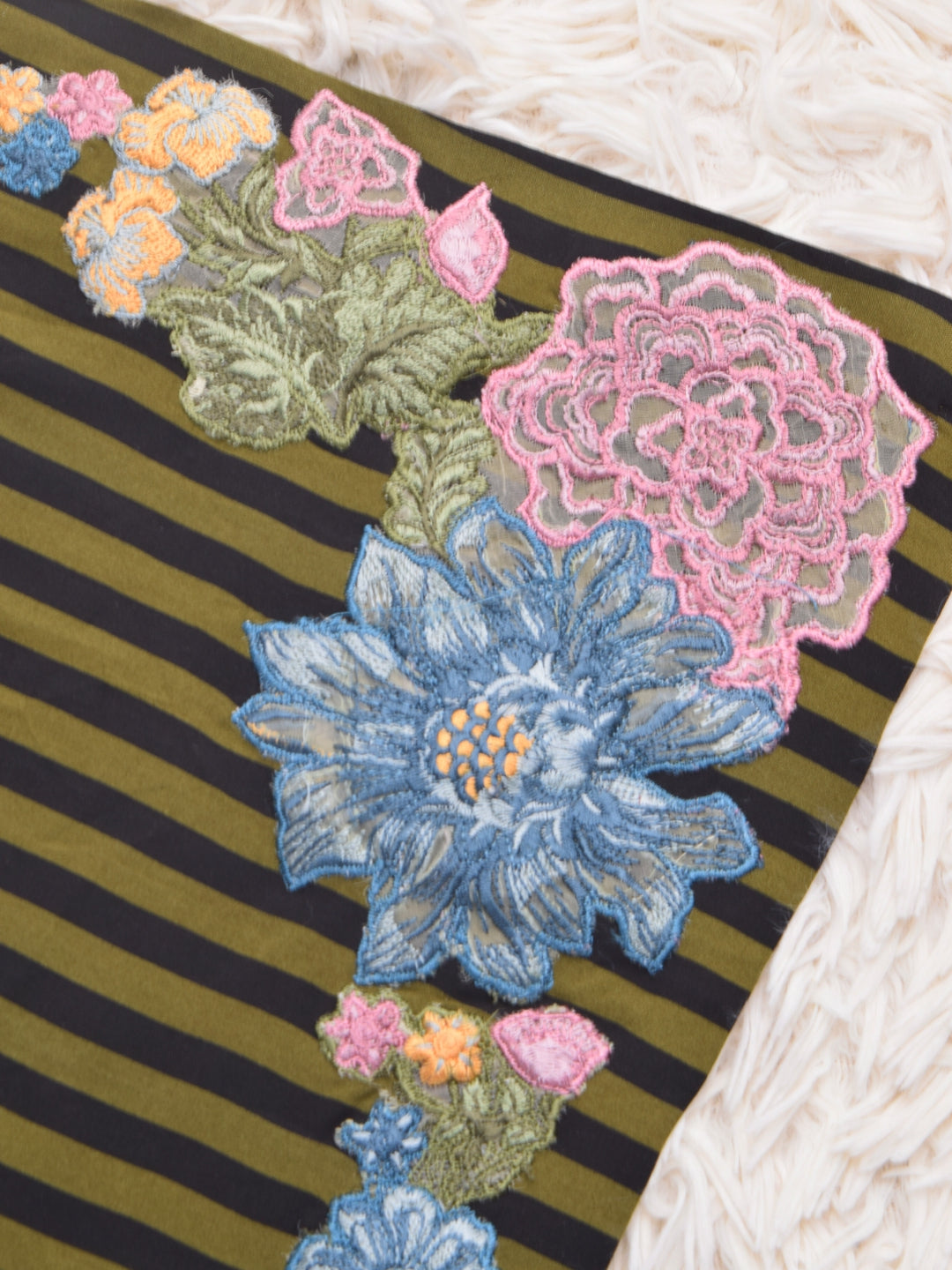 Embroidered Linen Kurta - Olive Green & Black Stripe