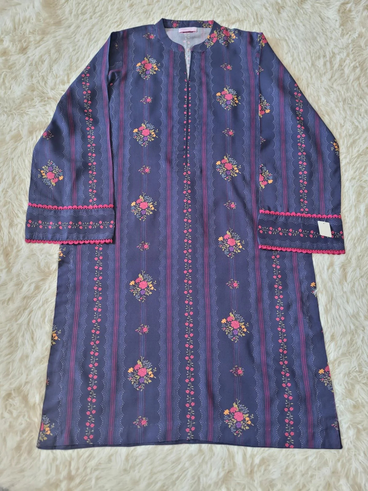 2 PC Printed Linen Suit - Navy Floral Stripe Kurta with Trousers