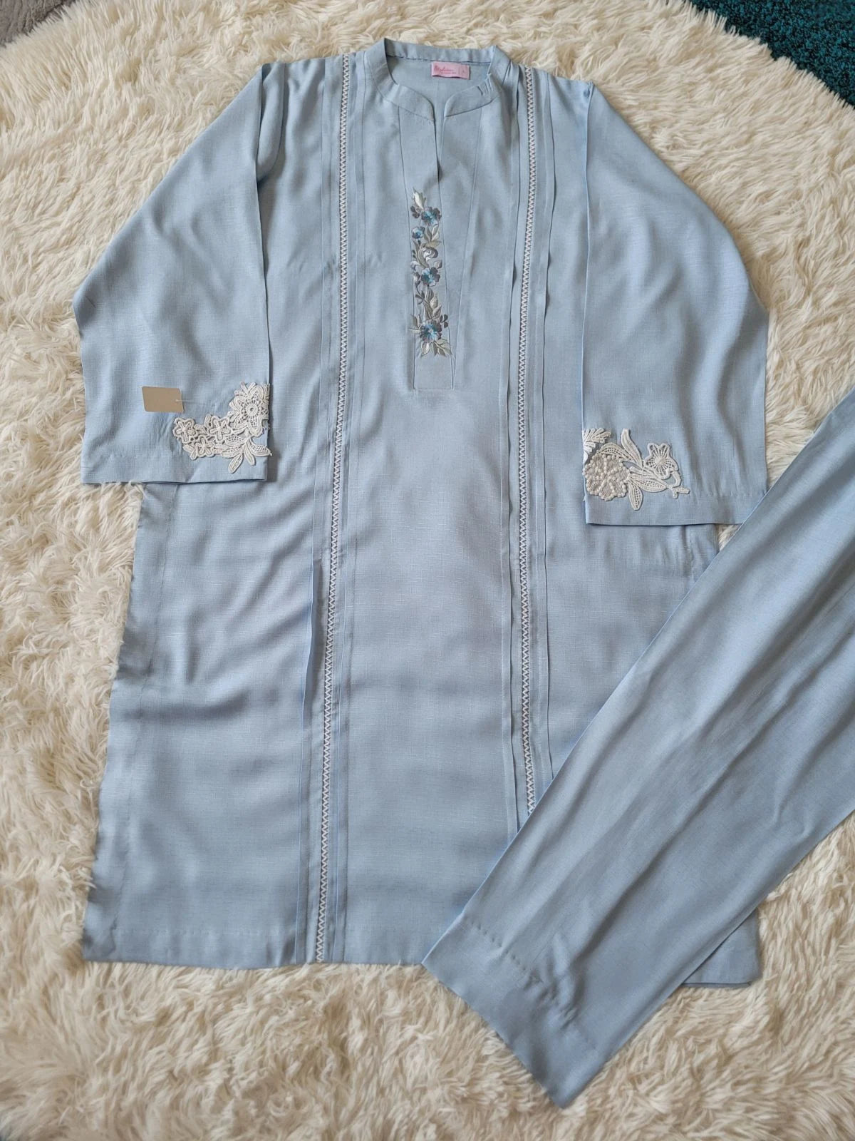 Embroidered Irish Linen Suit - Light Blue Kurta with Lace Detailing