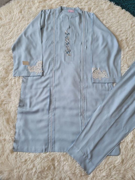Embroidered Irish Linen Suit - Light Blue Kurta with Lace Detailing
