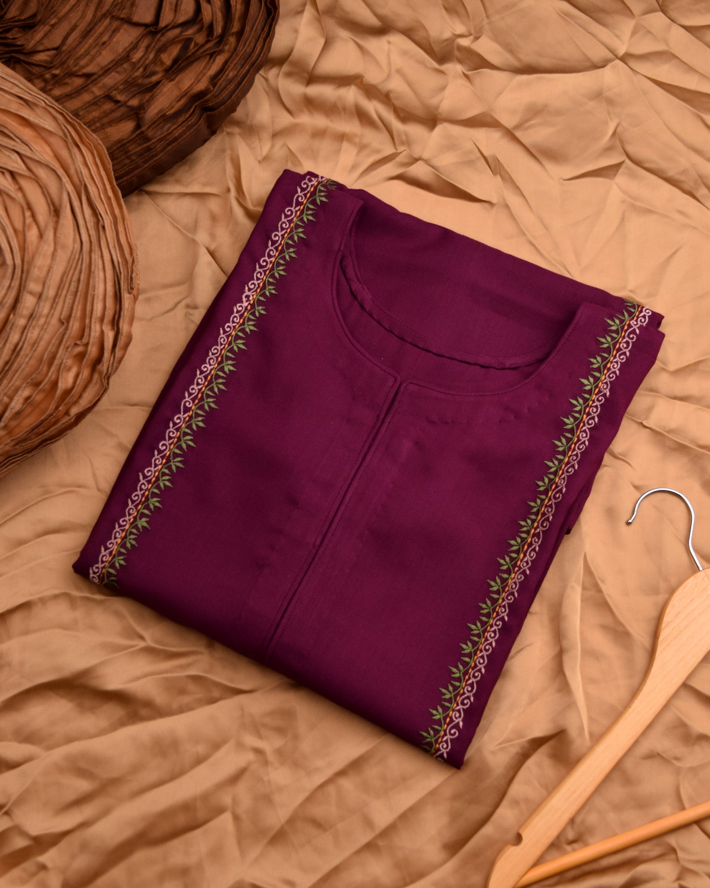 Embroidered Marina Kurta Solid Burgundy with Floral Detailing