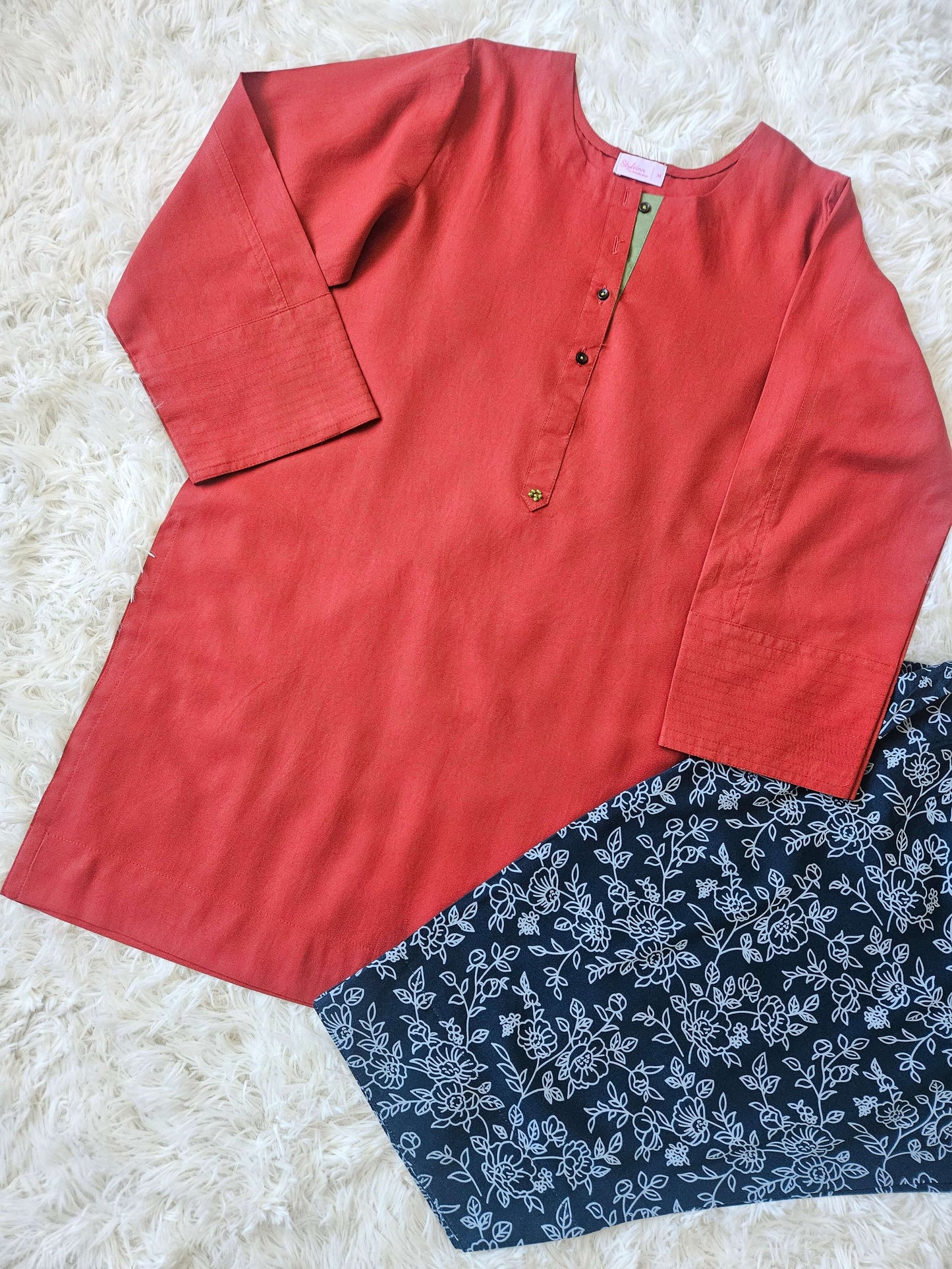 2 Piece Marina Solid Radish Rust Kurta with Printed Floral Shalwar