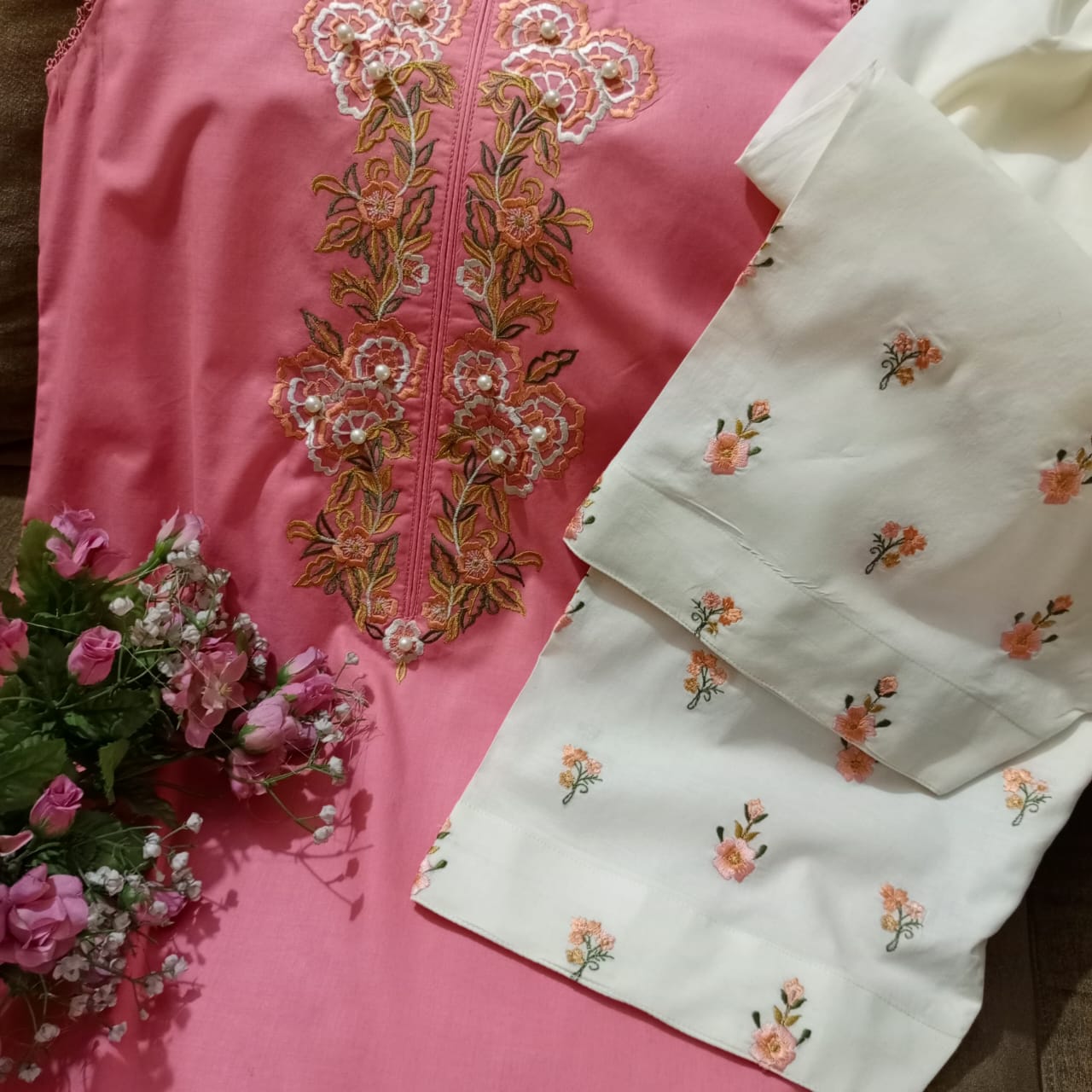 Coral Peach Embroidered Kurta with Embroidered Shalwar - 2pc