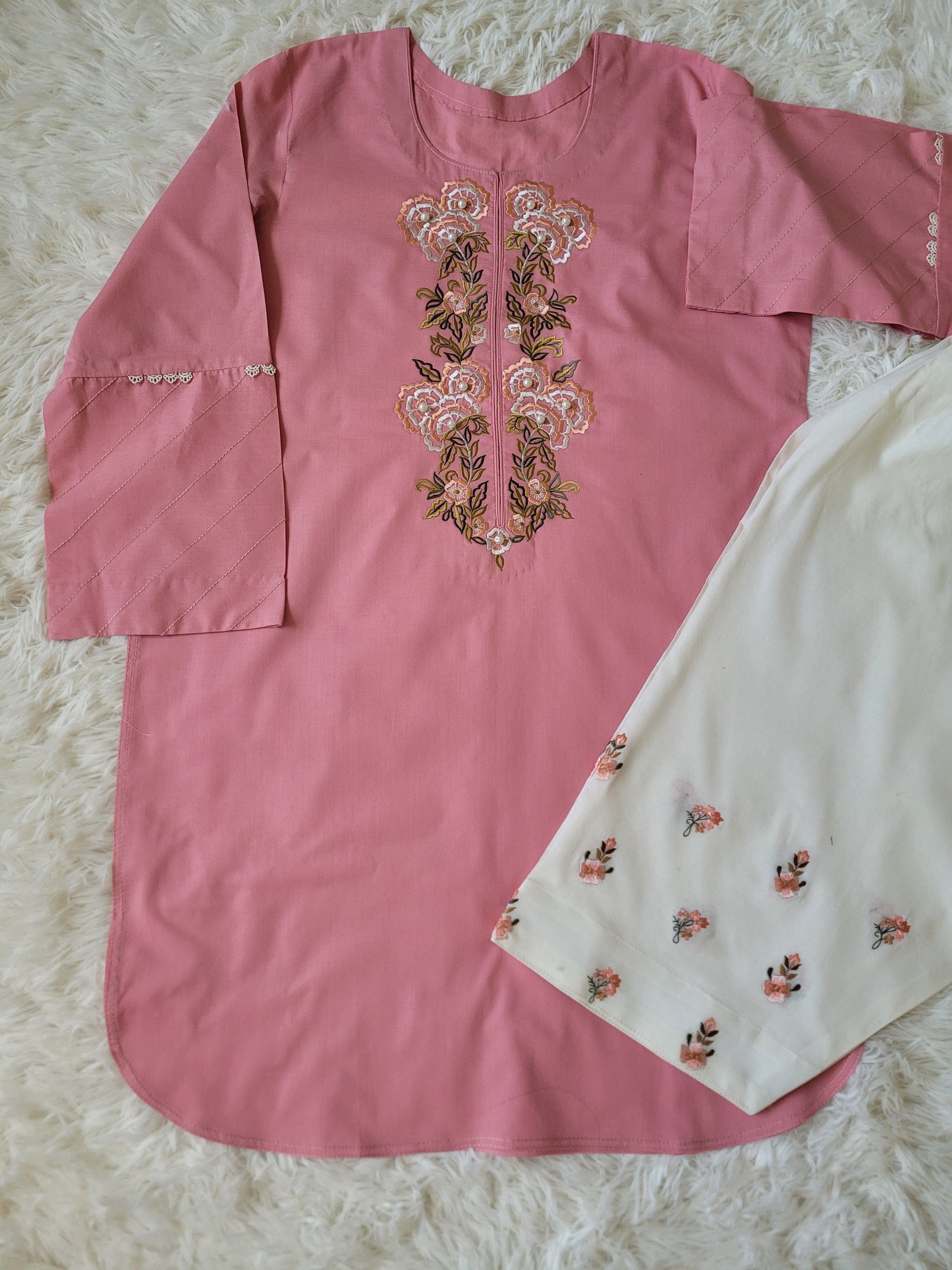 Coral Peach Embroidered Kurta with Embroidered Shalwar - 2pc
