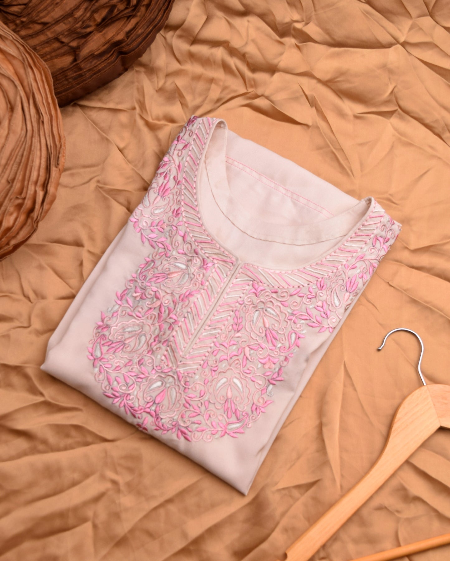Embroidered Marina Cream Kurta with Pink Kashkari Work
