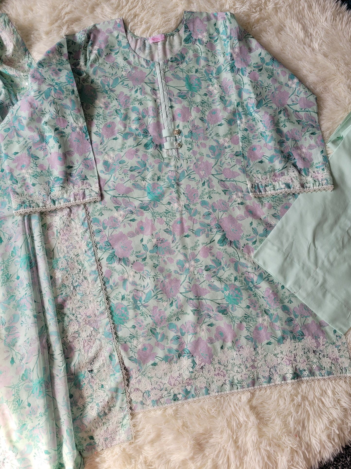 Cross Stitch Aqua Whisper: Embroidered Printed Suit with Pleated Details