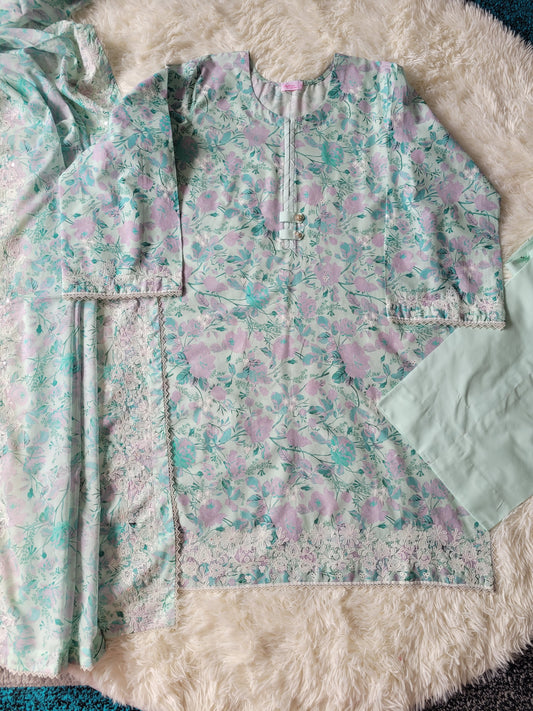 Cross Stitch Aqua Whisper: Embroidered Printed Suit with Pleated Details