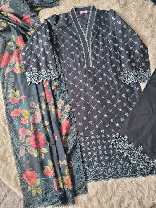 Cross Stitch Charcoal Blooms Printed Suit with Bold Floral Dupatta