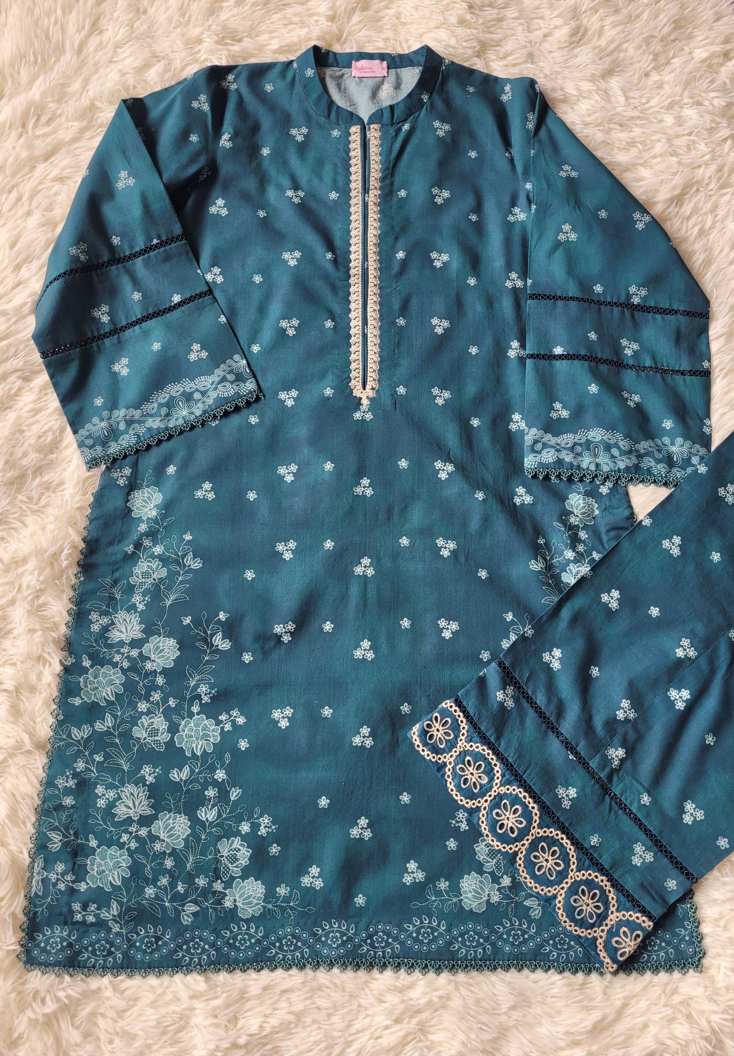 Cross Stitch Deep Teal: Embroidered Suit with Subtle Prints