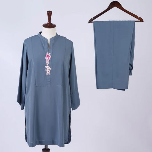 Slate Blossom: Embroidered Georgette Duo