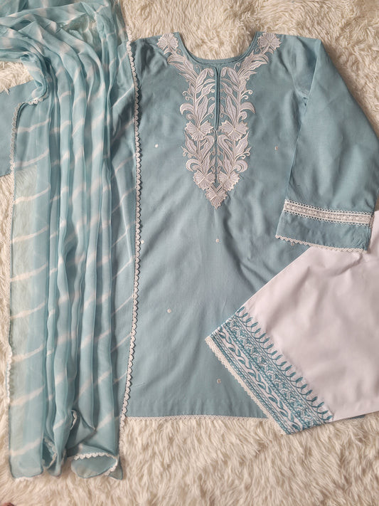 Aqua Bloom Serenade: Embroidered Suit with Striped tie dye Dupatta
