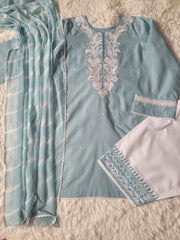 Aqua Bloom Serenade: Embroidered Suit with Striped tie dye Dupatta