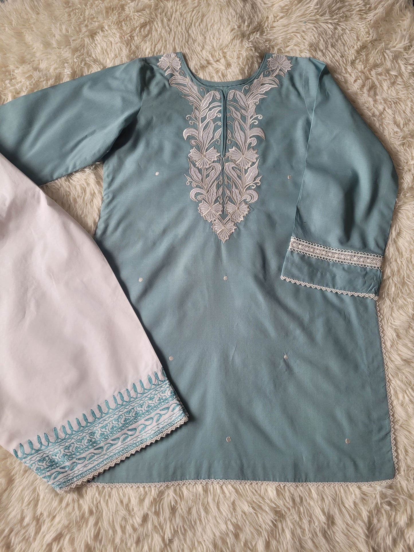 Aqua Bloom Serenade: Embroidered Suit with Striped tie dye Dupatta