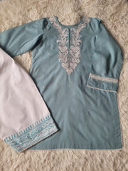 Aqua Bloom Serenade: Embroidered Suit with Striped tie dye Dupatta