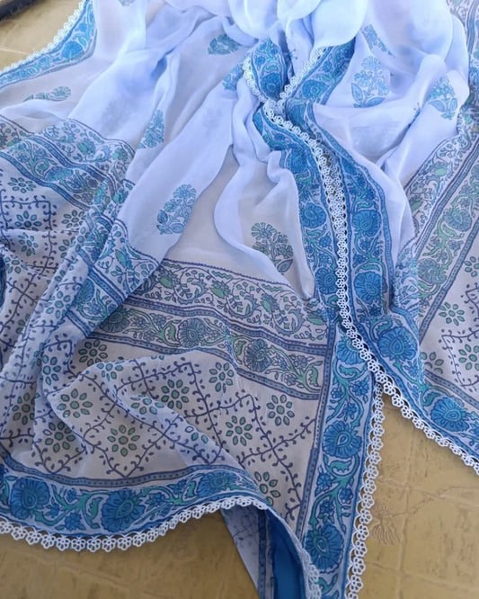 Blue Chiffon Dupatta with Hand Block Motifs & Lace Finish