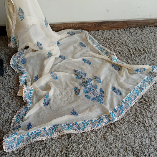 Cream Chiffon Dupatta (Hand Stamped Accents with Lace and Satin Trim)