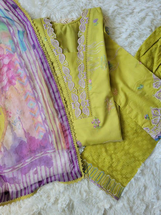 Farah Talib Aziz Embroidered Lemon Green Suit with Watercolor Dupatta