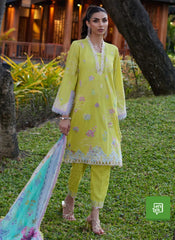 Farah Talib Aziz Embroidered Lemon Green Suit with Watercolor Dupatta