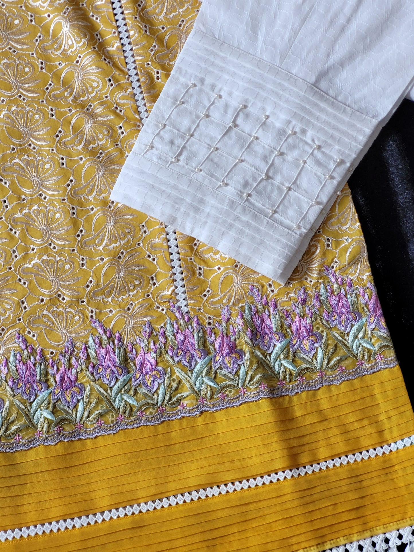 Farah Talib Aziz Golden Hue Embroidered Lawn Ensemble with Multicolored Chiffon Dupatta