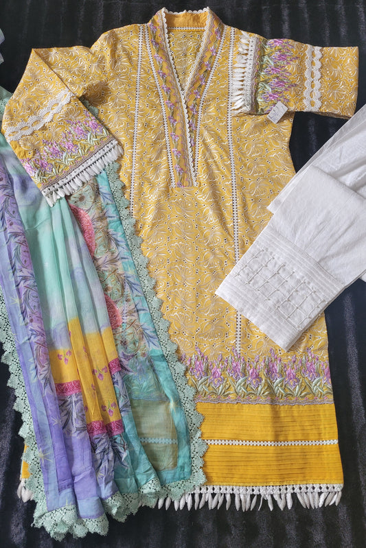 Farah Talib Aziz Golden Hue Embroidered Lawn Ensemble with Multicolored Chiffon Dupatta