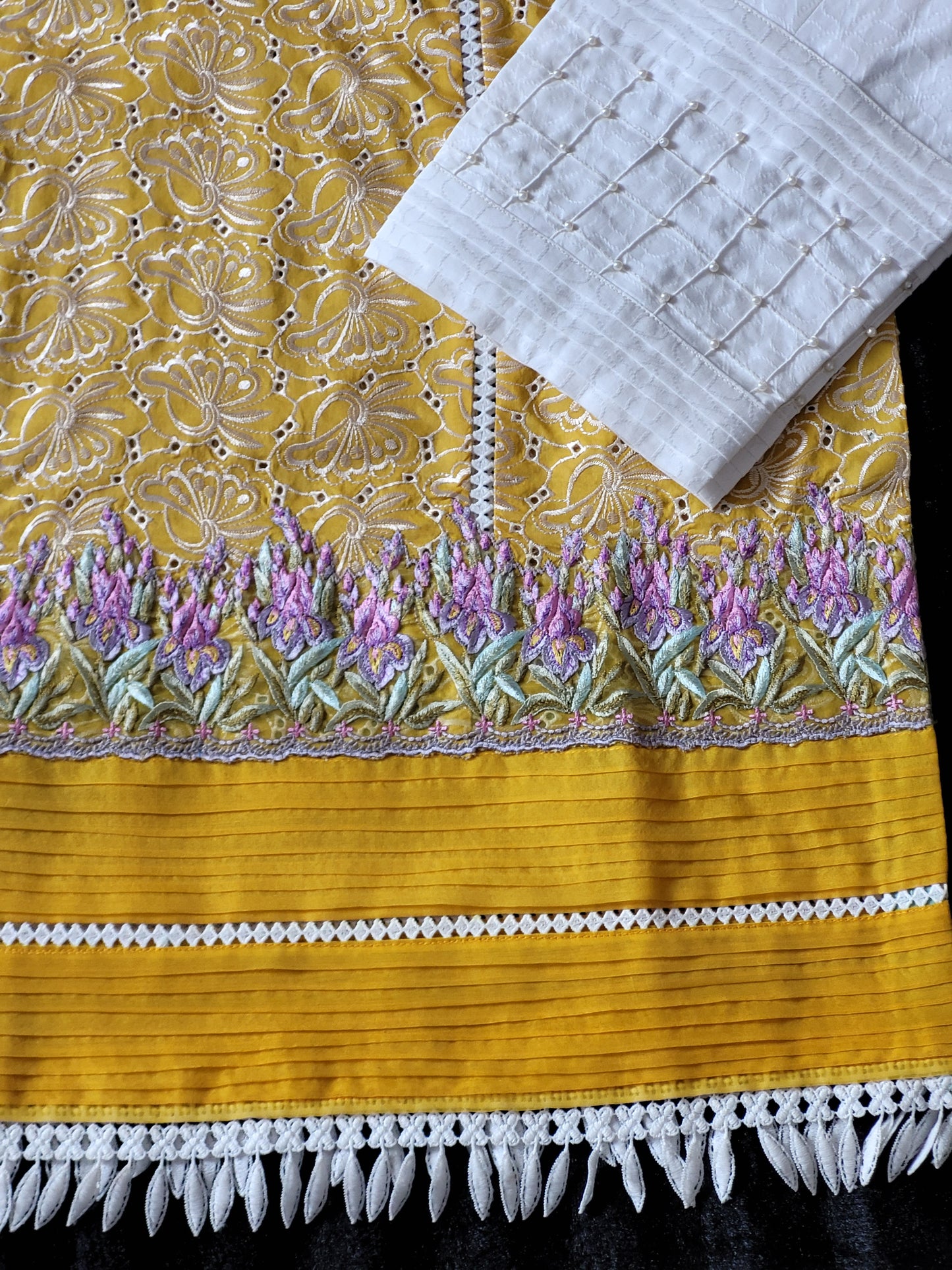 Farah Talib Aziz Golden Hue Embroidered Lawn Ensemble with Multicolored Chiffon Dupatta
