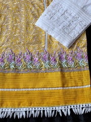 Farah Talib Aziz Golden Hue Embroidered Lawn Ensemble with Multicolored Chiffon Dupatta