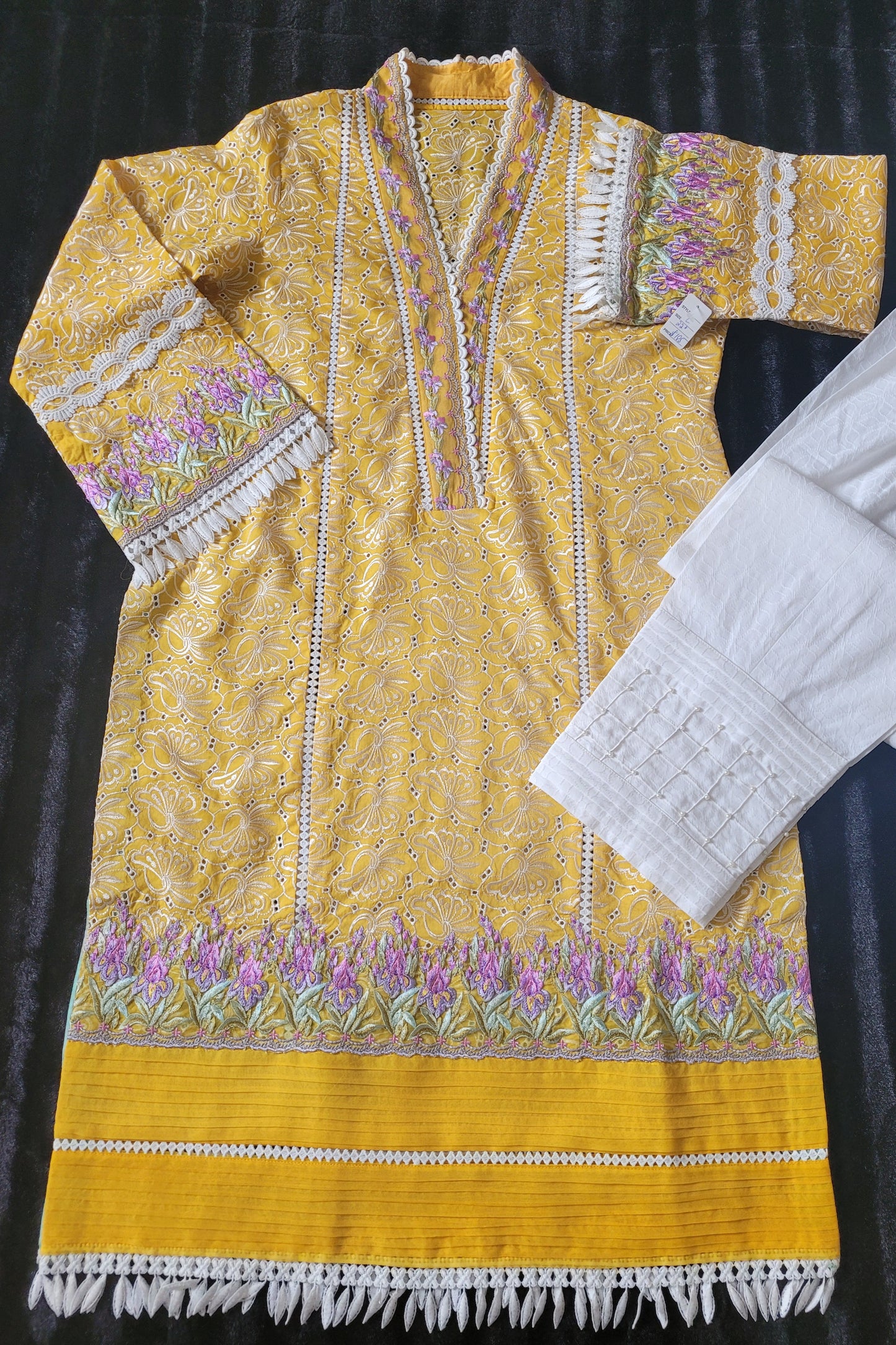 Farah Talib Aziz Golden Hue Embroidered Lawn Ensemble with Multicolored Chiffon Dupatta