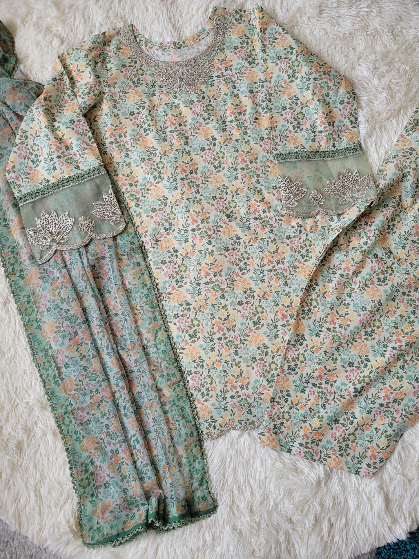 Faiza Faisal Meadow Fresh: Floral Printed Suit with Lace Accents
