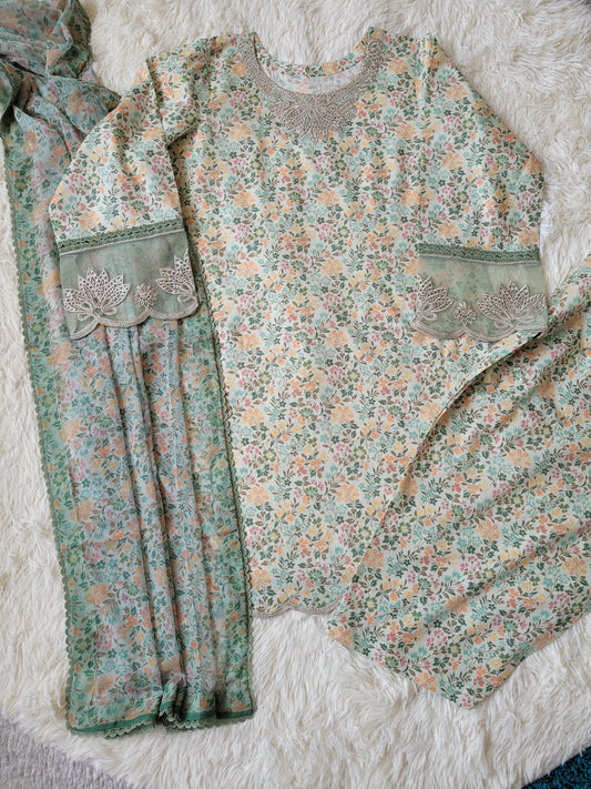 Faiza Faisal Meadow Fresh: Floral Printed Suit with Lace Accents