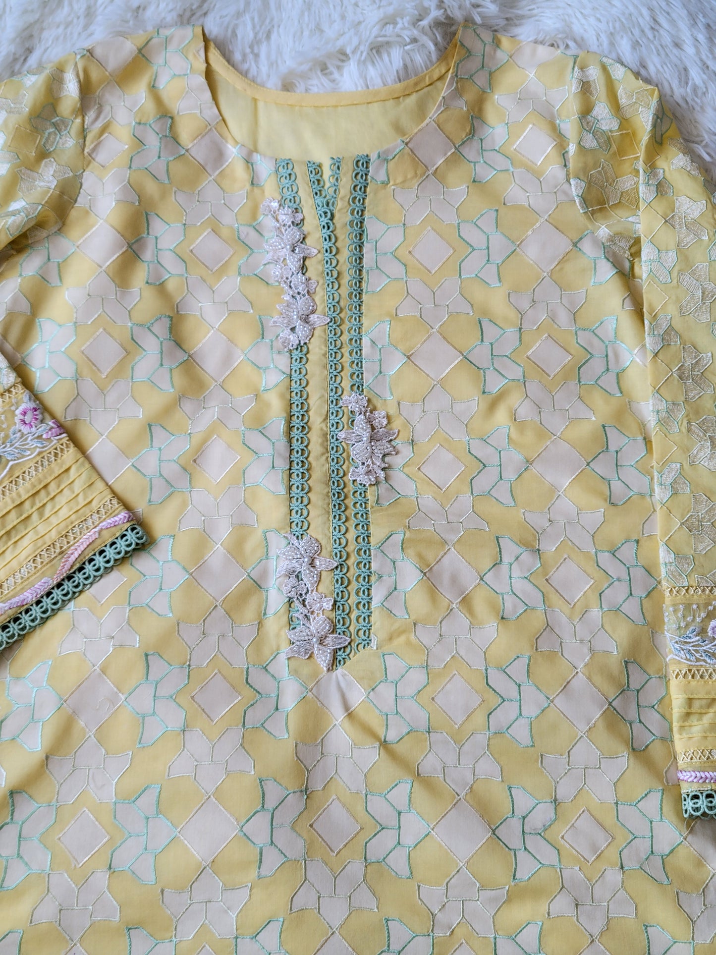 Farah Talib Aziz Lemon Zest Embroidered Shirt with Jacquard Trouser & Pure Chiffon Dupatta
