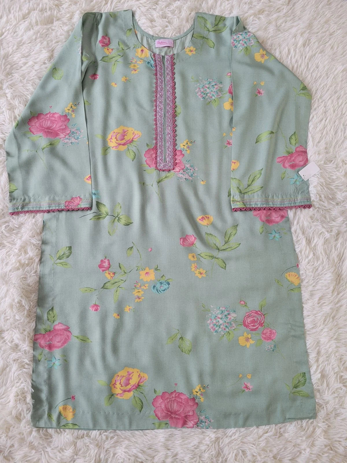 2 PC Printed Linen Suit - Mint Green Large Floral Kurta with Trousers