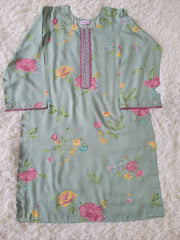 2 PC Printed Linen Suit - Mint Green Large Floral Kurta with Trousers