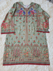 2 Pc Panel Printed Linen Suit - Green Multi-Color Floral Design