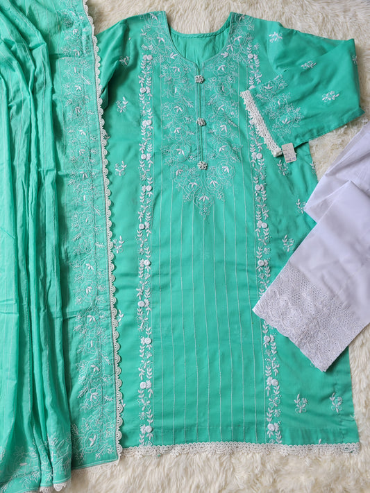 Mint Serenity Hand-Embroidered Lawn Suit with Classic White Trouser