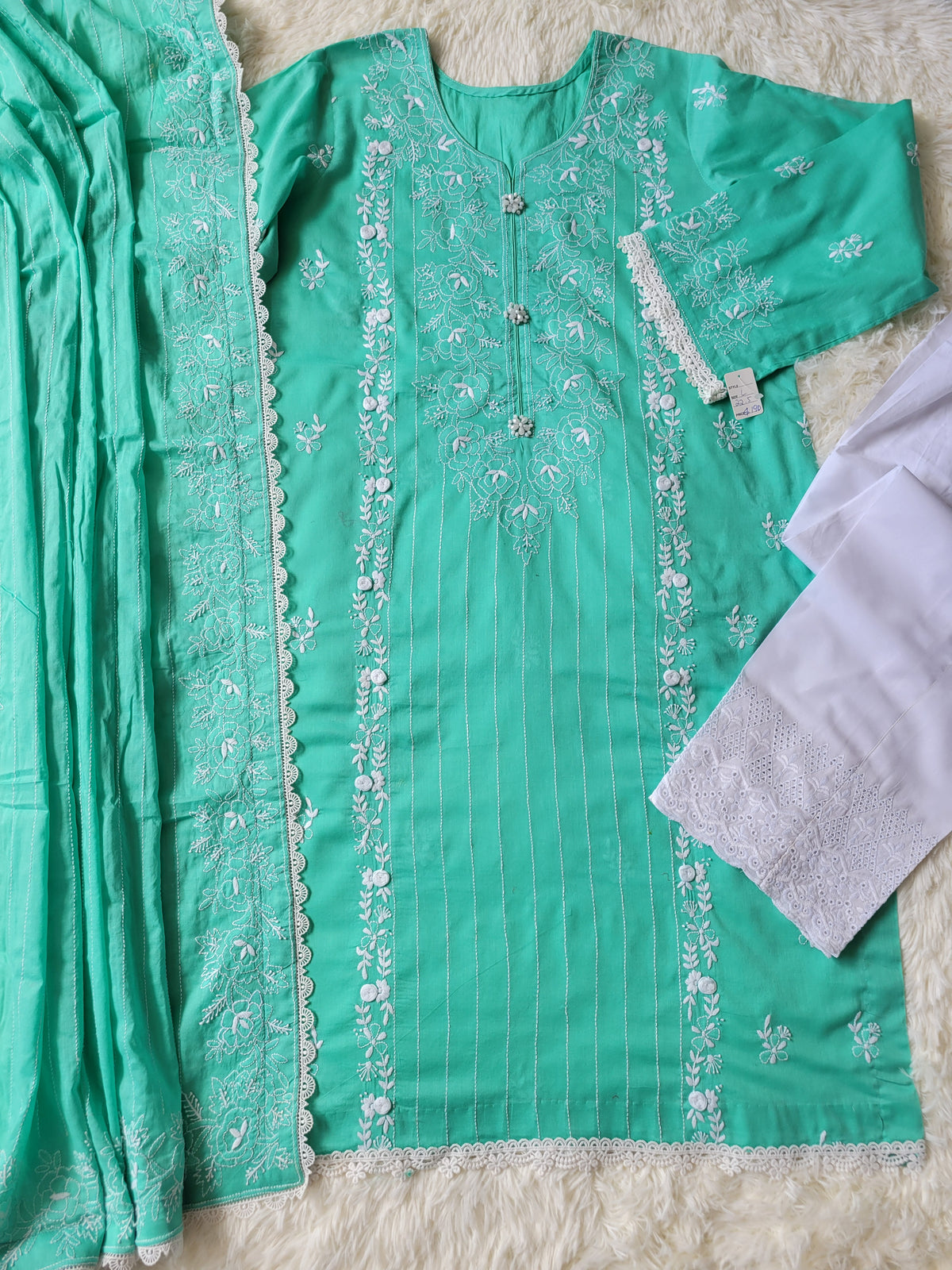 Mint Serenity Hand-Embroidered Lawn Suit with Classic White Trouser