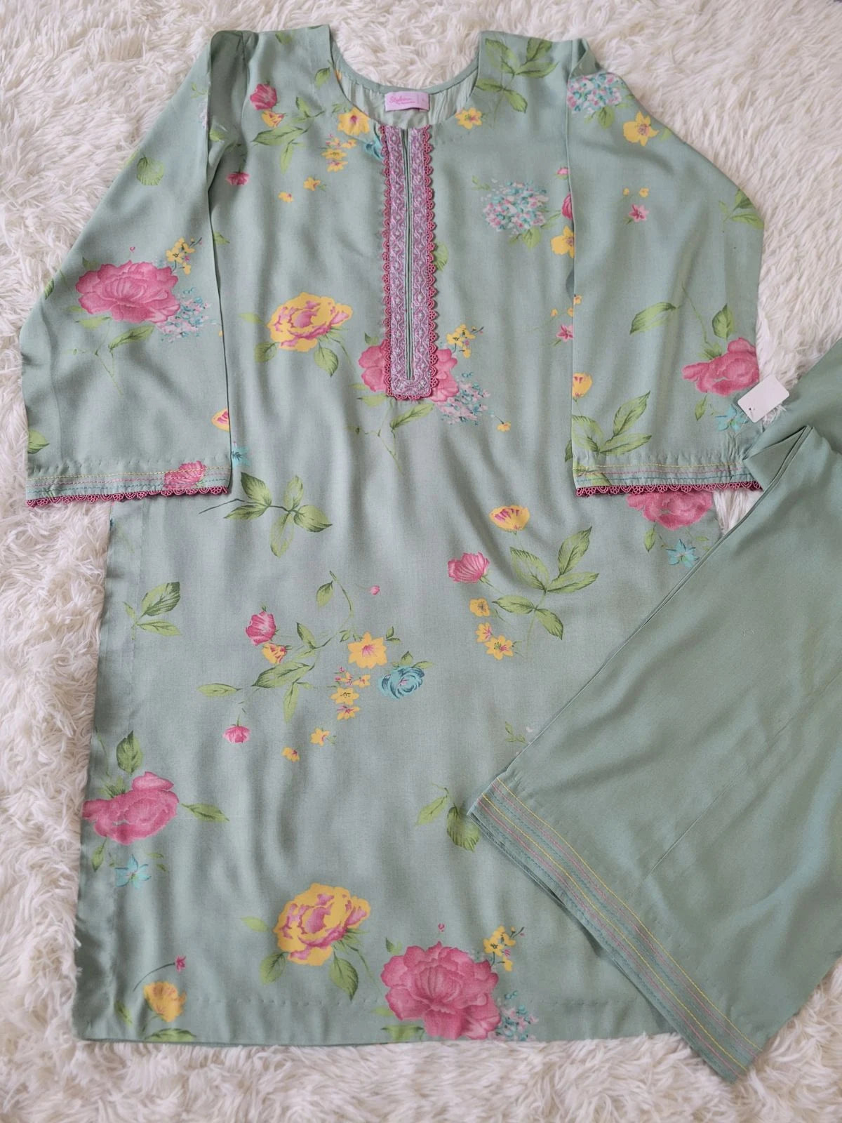 2 PC Printed Linen Suit - Mint Green Large Floral Kurta with Trousers