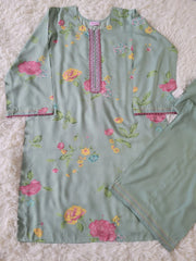 2 PC Printed Linen Suit - Mint Green Large Floral Kurta with Trousers