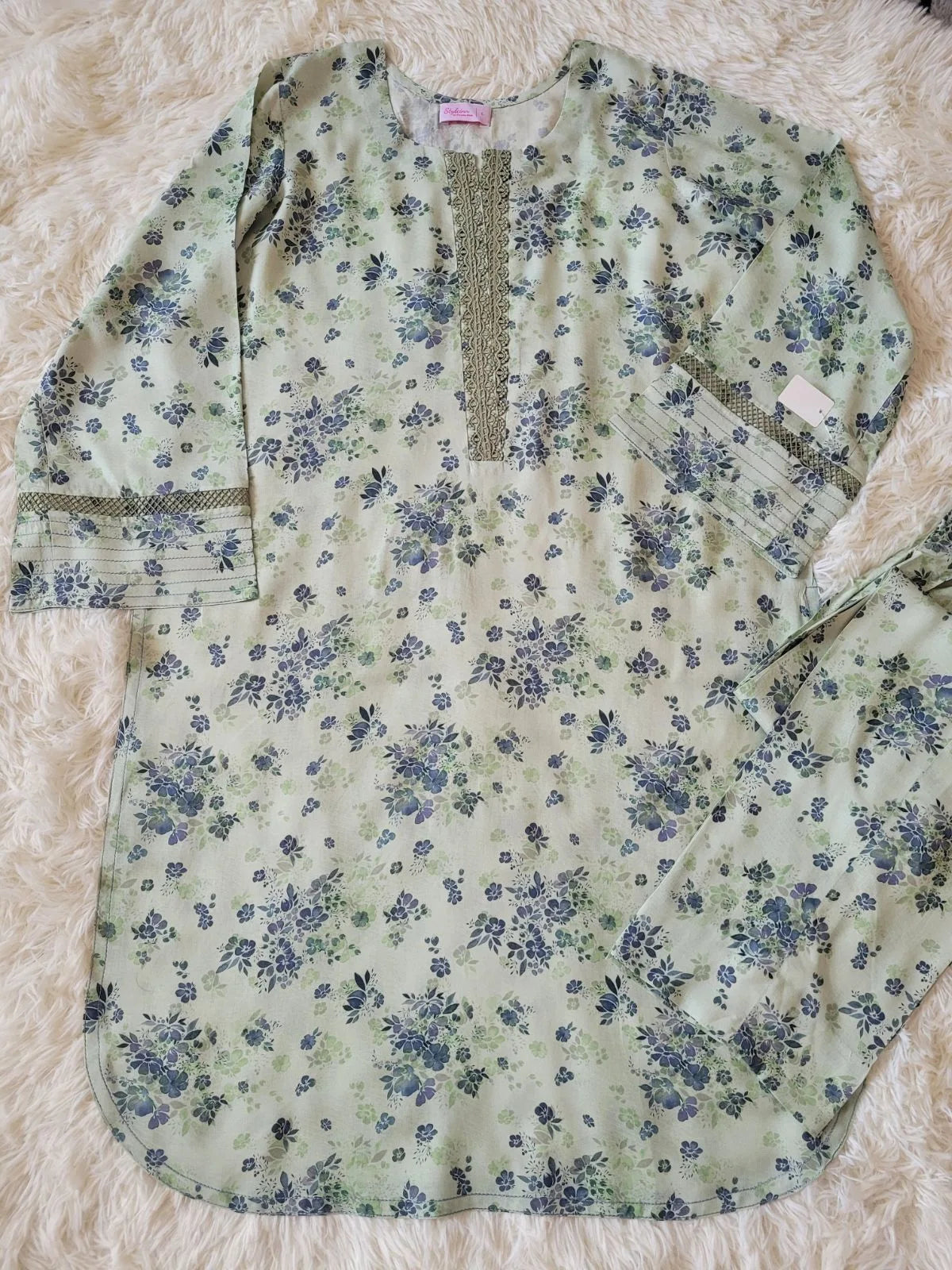 2 PC Printed Marina Suit - Light Green/Blue Floral Kurta with Trousers