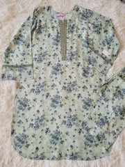 2 PC Printed Marina Suit - Light Green/Blue Floral Kurta with Trousers